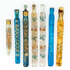 BOHEMIAN GLASS LACHRYMATORY TEAR CATCHERS / PERFUME VIALS, LOT OF SEVEN