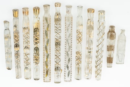 BOHEMIAN GLASS LACHRYMATORY TEAR CATCHERS / PERFUME VIALS, LOT OF 12