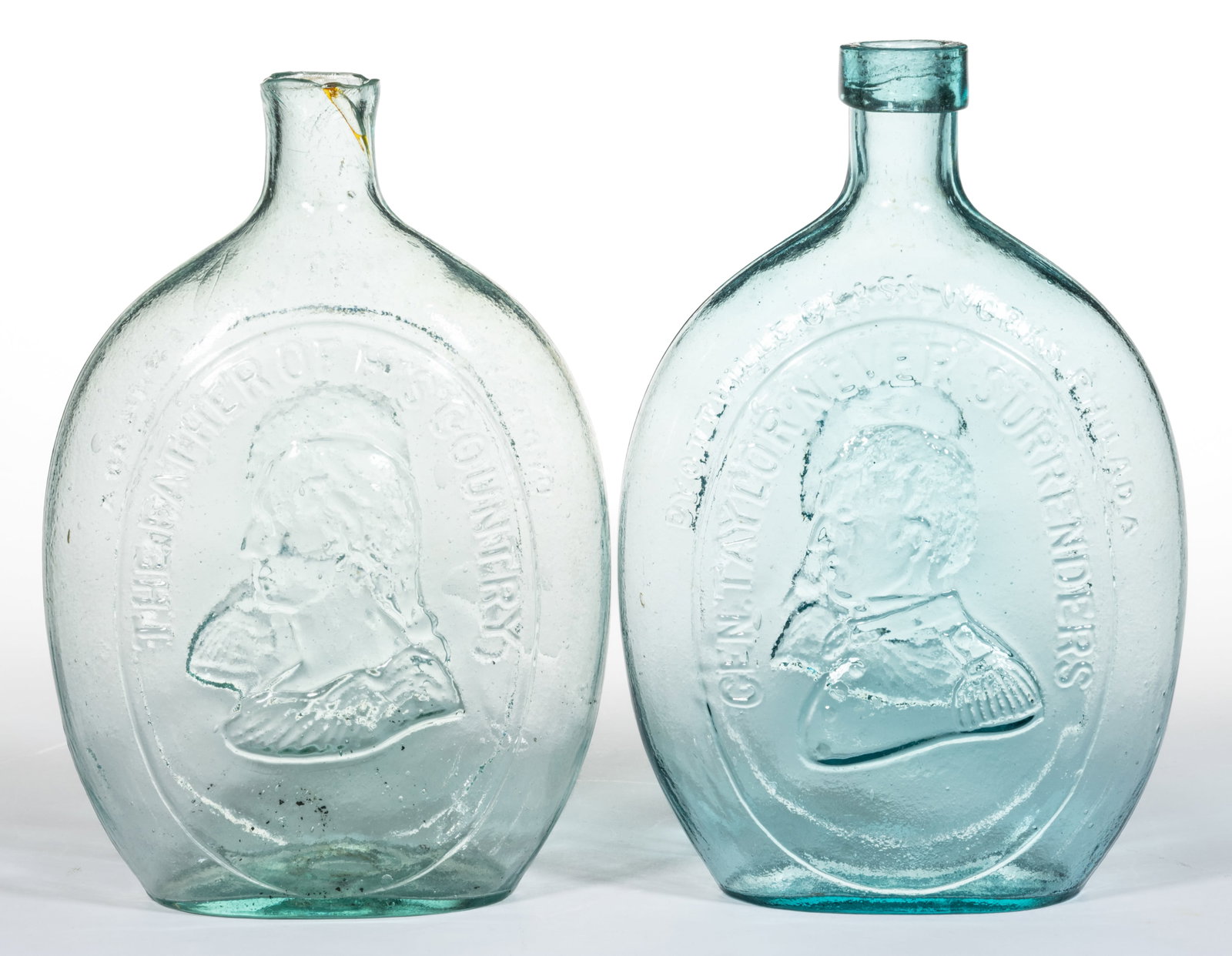 GI-37 WASHINGTON - TAYLOR PORTRAIT / HISTORICAL FLASKS, LOT OF TWO: GI-37 WASHINGTON - TAYLOR PORTRAIT / HISTORICAL FLASKS, LOT OF TWO, blue- or greenish-aquamarine, quarts, embossed "THE FATHER OF HIS COUNTRY" above Washington's bust on obverse, "D