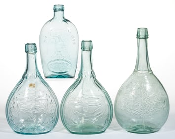 ASSORTED PORTRAIT AND PICTORIAL / HISTORICAL FLASKS, LOT OF FOUR