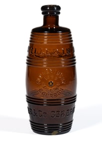 A.M. BININGER & CO., NEW YORK FIGURAL BARREL WHISKEY BOTTLE