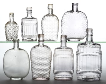 ASSORTED PATTERNED WHISKEY FLASKS, LOT OF EIGHT