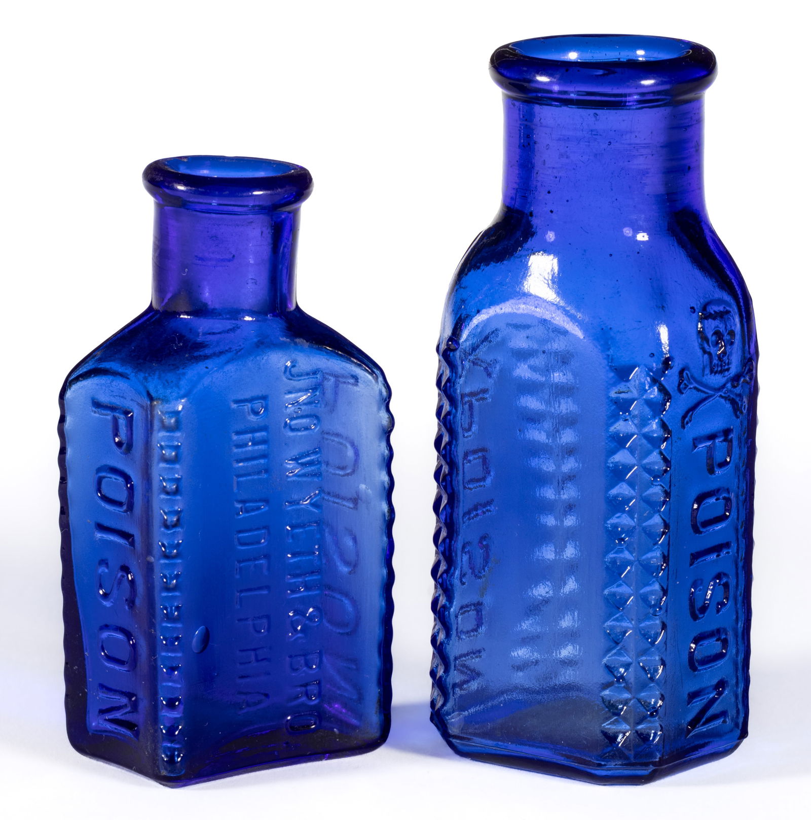 RECTANGULAR-FORM KR-5 AND KR-6 POISON BOTTLES, LOT OF TWO: RECTANGULAR-FORM KR-5 AND KR-6 POISON BOTTLES, LOT OF TWO, cobalt blue, rectangular forms with pointed diamonds patterned along each edge, comprising a KR-5 having both sides vertically embo