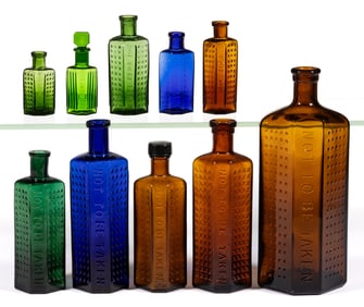 ASSORTED FLAT BACK / IRREGULAR HEXAGONAL-FORM POISON BOTTLES, LOT OF TEN