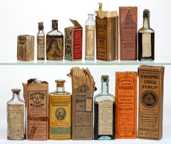 ASSORTED PAPER LABELED PATENT MEDICINE BOTTLES, LOT OF 13