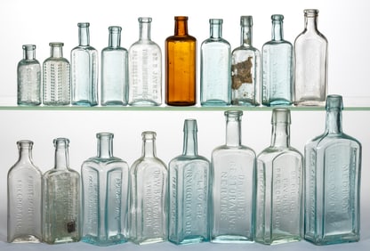 ASSORTED EMBOSSED PATENT MEDICINE / APOTHECARY BOTTLES, LOT OF 18
