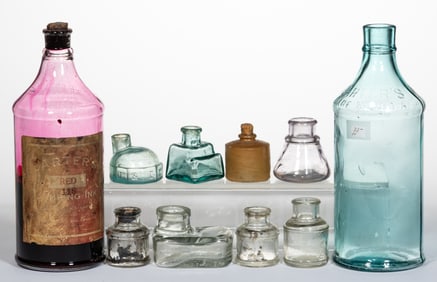 ASSORTED INK BOTTLES AND INKWELLS, LOT OF TEN