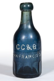 CC&B, SAN FRANCISCO, CALIFORNIA EMBOSSED SQUAT SODA / MINERAL WATER BOTTLE