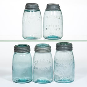 ASSORTED MASON'S PATENT MIDGET PINT FRUIT JARS, LOT OF FIVE