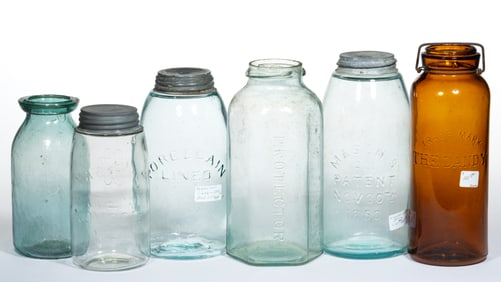 ASSORTED EMBOSSED FRUIT JARS, LOT OF SIX