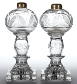 PHILADELPHIA BLOWN, CUT, AND PRESSED WHALE OIL LAMPS, PAIR