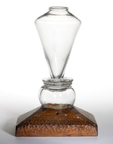 FREE-BLOWN GLASS AND WOOD MAKE-DO WHALE OIL / FLUID LAMP