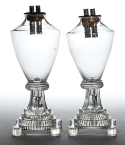 FREE-BLOWN AND PRESSED GLASS PAIR OF WHALE OIL / FLUID STAND LAMPS