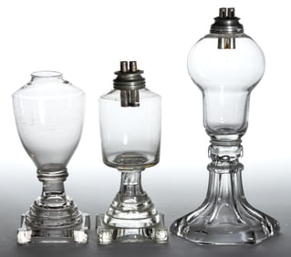 FREE-BLOWN AND PRESSED GLASS WHALE OIL / FLUID STAND LAMPS, LOT OF THREE