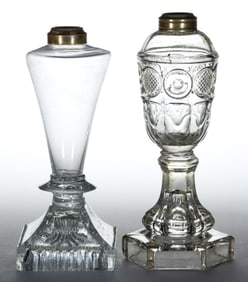 ASSORTED FREE-BLOWN AND PRESSED GLASS WHALE OIL / KEROSENE STAND LAMPS, LOT OF TWO