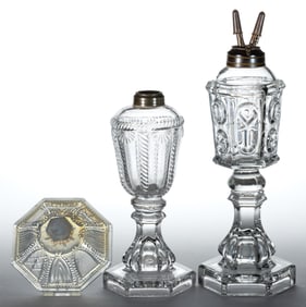 PRESSED FLINT EAPG WHALE OIL / KEROSENE STAND LAMPS, LOT OF TWO