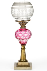 CUT OVERLAY PUNTY, STAR AND DIAMOND KEROSENE STAND LAMP