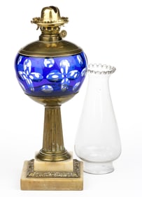 J. F. IDEN CUT-OVERLAY GLASS KEROSENE STAND LAMP