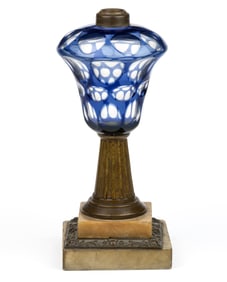 CUT OVERLAY OVAL AND PUNTY KEROSENE STAND LAMP