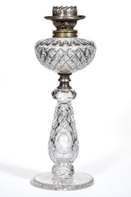 ENGLISH CUT GLASS WITH SIR WALTER SCOTT AND LORD BYRON SULPHIDES KEROSENE BANQUET STAND LAMP