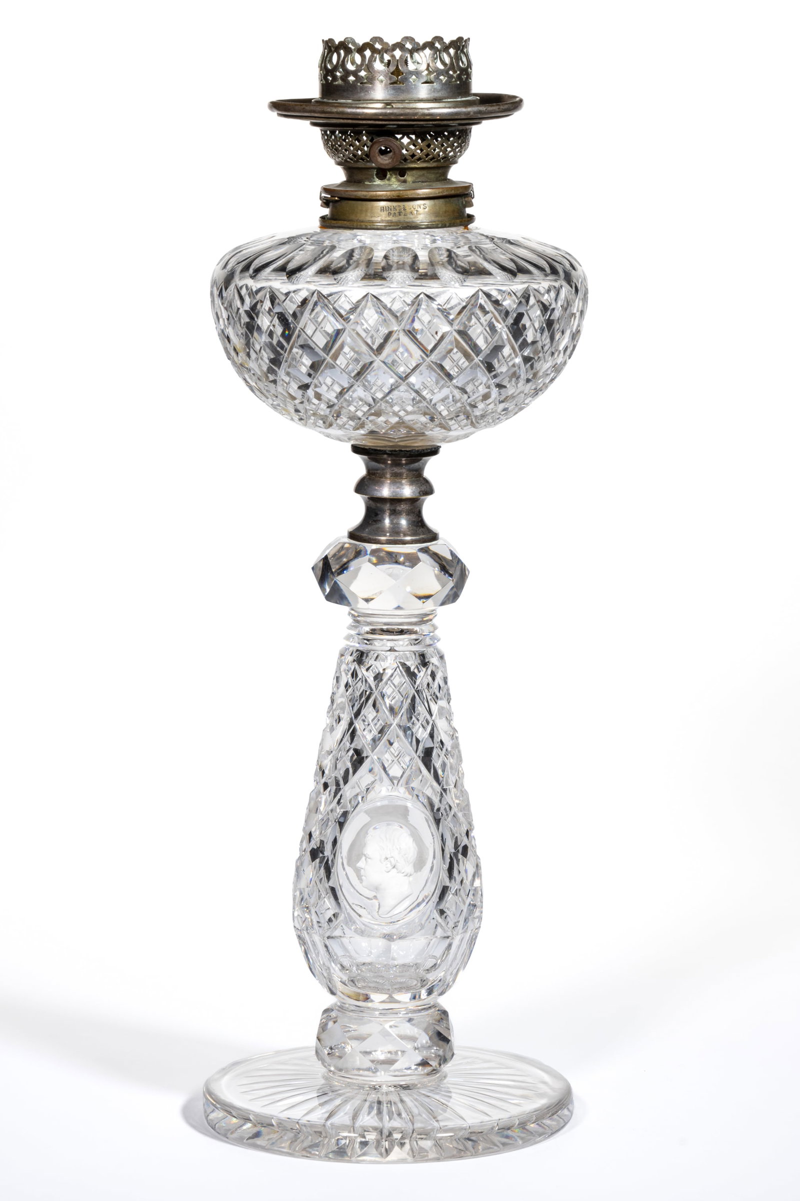 ENGLISH CUT GLASS WITH SIR WALTER SCOTT AND LORD BYRON SULPHIDES KEROSENE BANQUET STAND LAMP: ENGLISH CUT GLASS WITH SIR WALTER SCOTT AND LORD BYRON SULPHIDES KEROSENE BANQUET STAND LAMP, compressed pyriform font, cut ovals over divided diamonds, matching patterned baluster-form stem with a fa