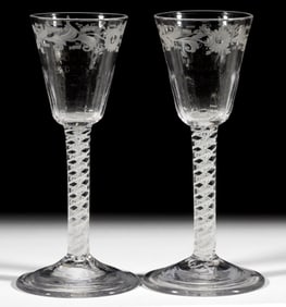 ENGLISH PATTERN-MOLDED FLORAL ENGRAVED GLASS OPAQUE-TWIST PAIR OF WINES