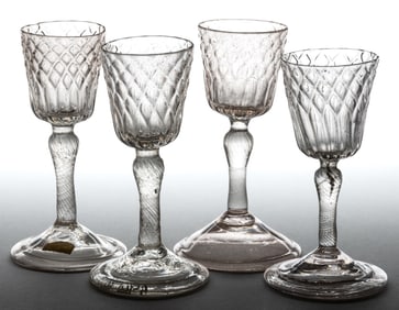 FRENCH DIAMOND-QUILT / PATTERN-MOLDED GLASS WINES, LOT OF FOUR