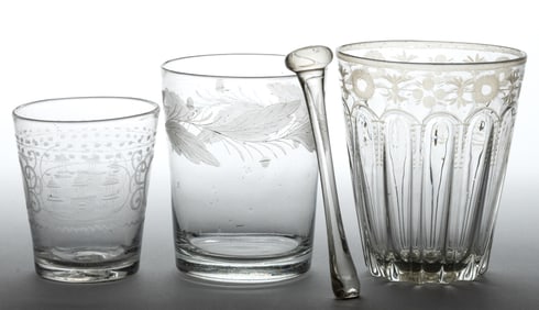 CONTINENTAL BLOWN AND ENGRAVED GLASS DRINKING ARTICLES, LOT OF THREE