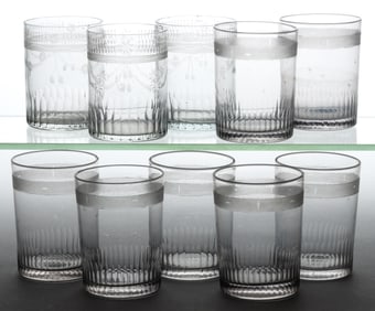 FREE-BLOWN AND ENGRAVED GLASS TUMBLERS, LOT OF TEN