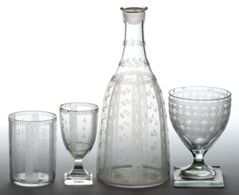FREE-BLOWN AND ENGRAVED GLASS DRINKING ARTICLES, LOT OF FOUR