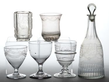 ASSORTED EARLY CUT / ENGRAVED GLASS DRINKING ARTICLES, LOT OF SIX