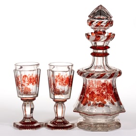 BOHEMIAN CUT AND ETCHED - RUBY-STAINED ARTICLES, LOT OF FOUR