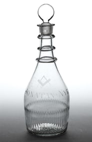 FREE-BLOWN AND DIP-MOLDED "CORK GLASS CO." MASONIC ENGRAVED GLASS DECANTER