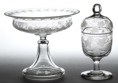 FREE-BLOWN AND ENGRAVED GLASS TABLE ARTICLES, LOT OF TWO