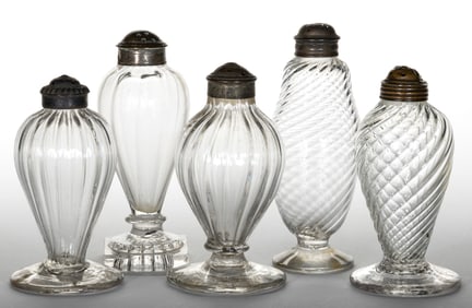 PATTERN-MOLDED GLASS SALT AND PEPPER SHAKERS, LOT OF FIVE