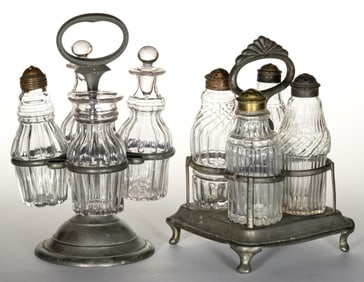 BLOWN-MOLDED THREE-MOLDED FOUR-BOTTLE CASTER SETS, LOT OF TWO