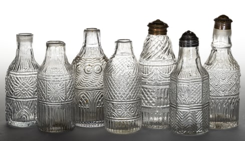 BLOWN-MOLDED THREE-MOLD GLASS SALT AND PEPPER SHAKERS, LOT OF SEVEN