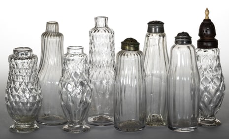 ASSORTED PATTERN-MOLDED GLASS SALT AND PEPPER SHAKERS, LOT OF EIGHT