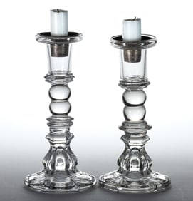 FREE-BLOWN AND PRESSED NEAR PAIR OF CANDLESTICKS