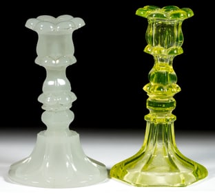 PRESSED PETAL SOCKET GLASS CANDLESTICKS, LOT OF TWO