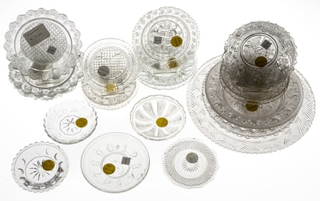 ASSORTED PRESSED LACY-ERA GLASS TABLE ARTICLES, LOT OF 20