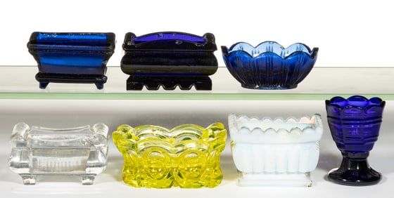 PRESSED GLASS LACY-ERA OPEN SALTS, LOT OF SEVEN