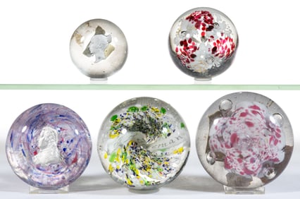 ASSORTED ANTIQUE GLASS PAPERWEIGHTS, LOT OF FIVE