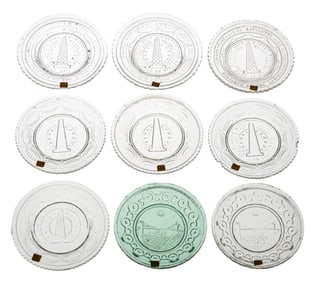 LEE/ROSE NO. 636 (TWO), 640, 641, 641A, 642A, 643, 643A, AND 643B PRESSED CUP PLATES, LOT OF NINE