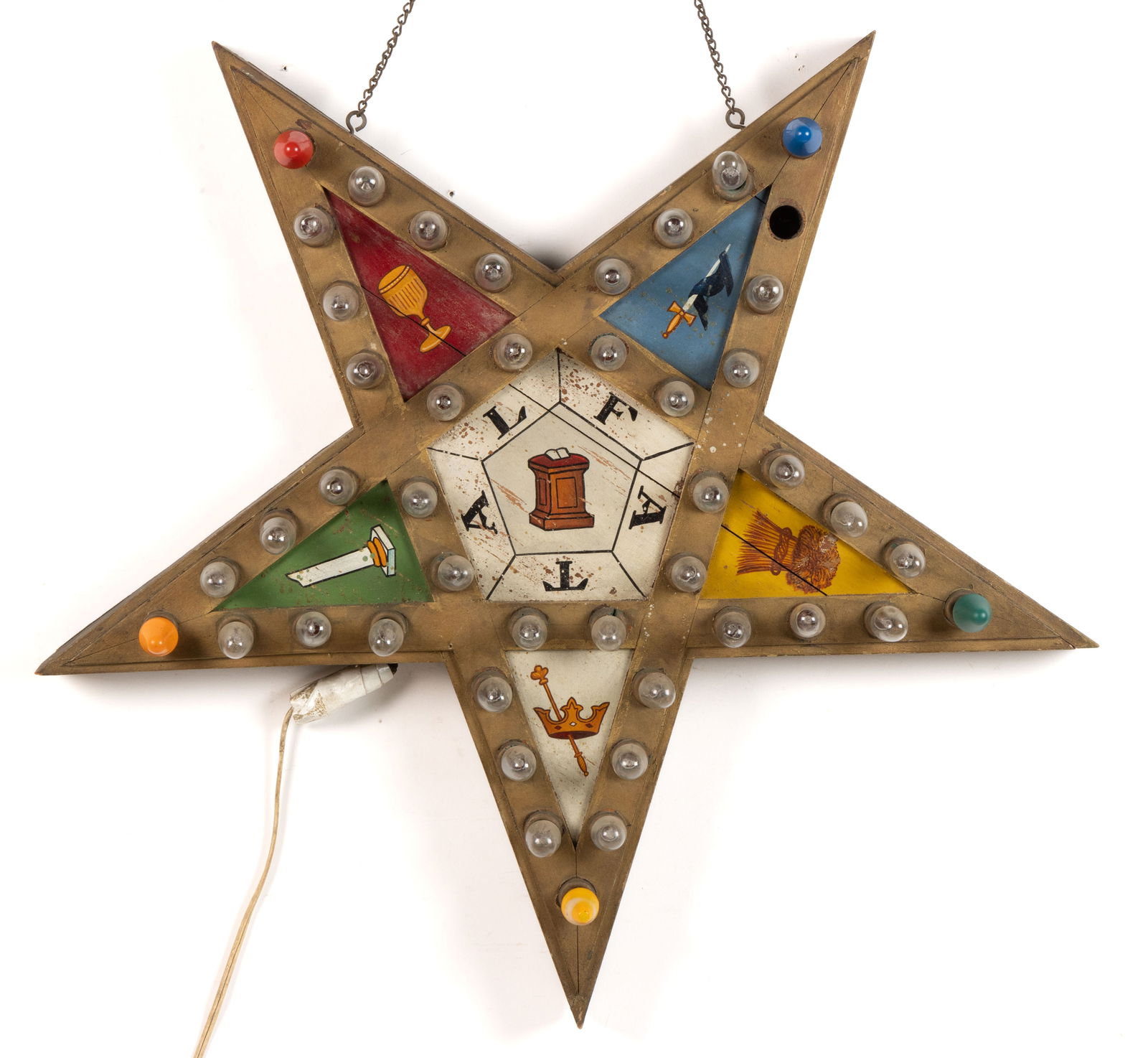 AMERICAN FOLK ART ODD FELLOWS LODGE LIGHTED WOODEN SIGN (1 of 2)