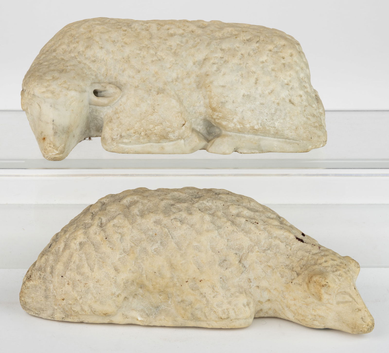 AMERICAN FOLK ART CARVED MARBLE FIGURAL LAMBS, LOT OF TWO (1 of 2)