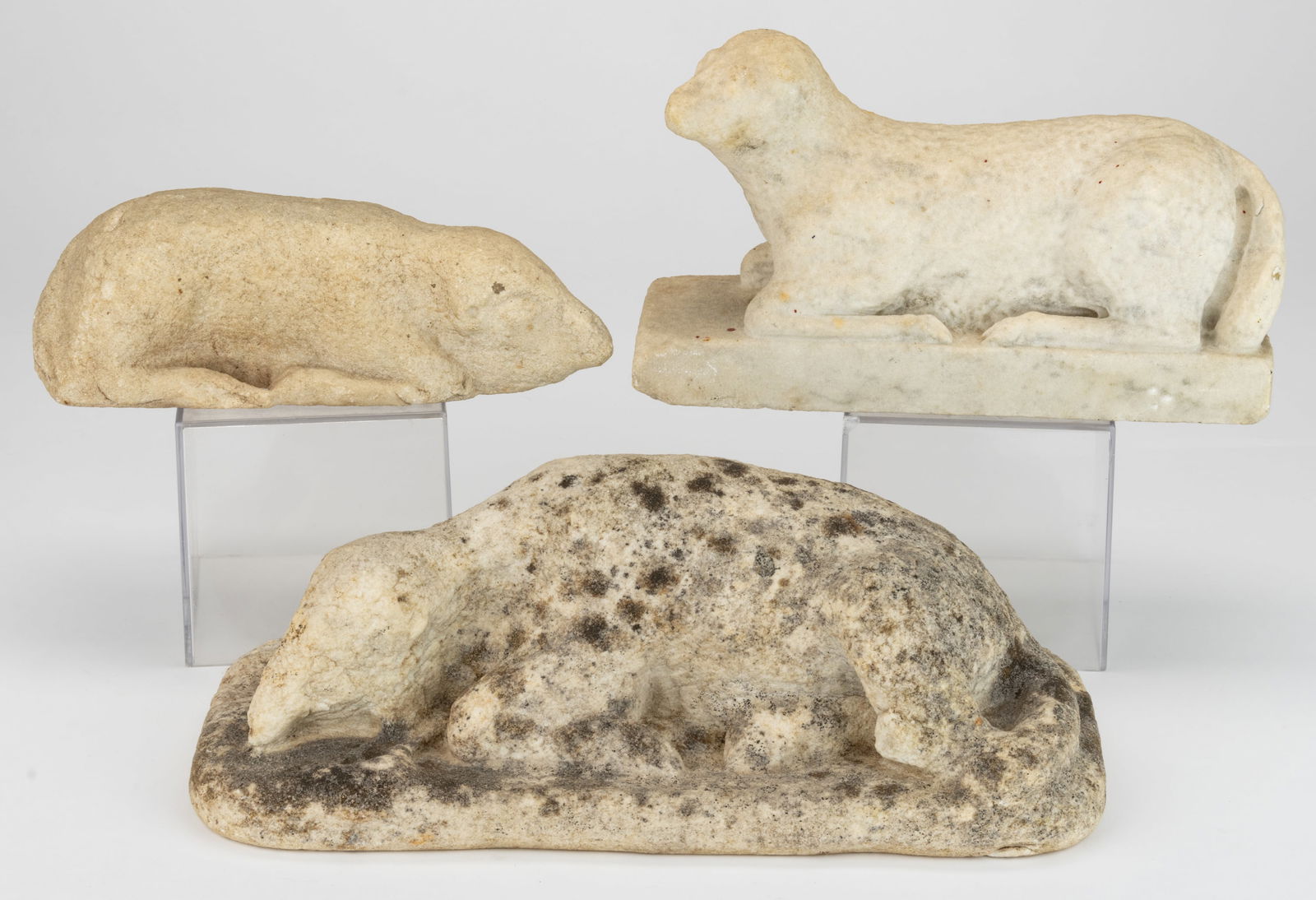 ASSORTED AMERICAN FOLK ART CARVED MARBLE / STONE FIGURAL LAMBS / ANIMALS, LOT OF THREE (1 of 2)