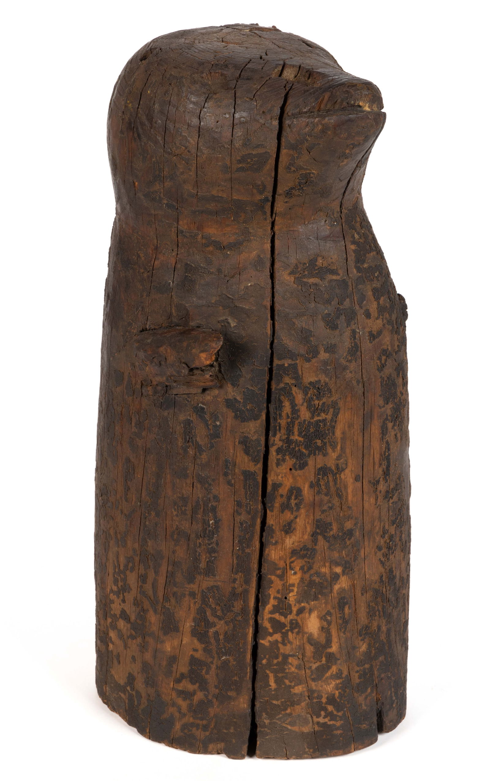 FOLK ART CARVED AND PAINTED ANIMAL: FOLK ART CARVED AND PAINTED ANIMAL, from the solid, the unidentified creature with head raised and applied small arms to sides, lacking hands. Retaining remnants of likely original black-painted surfa