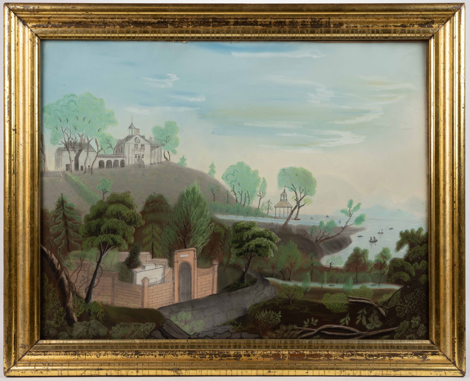 AMERICAN SCHOOL (19TH CENTURY) FOLK ART LANDSCAPE WITH MOUNT VERNON (1 of 2)