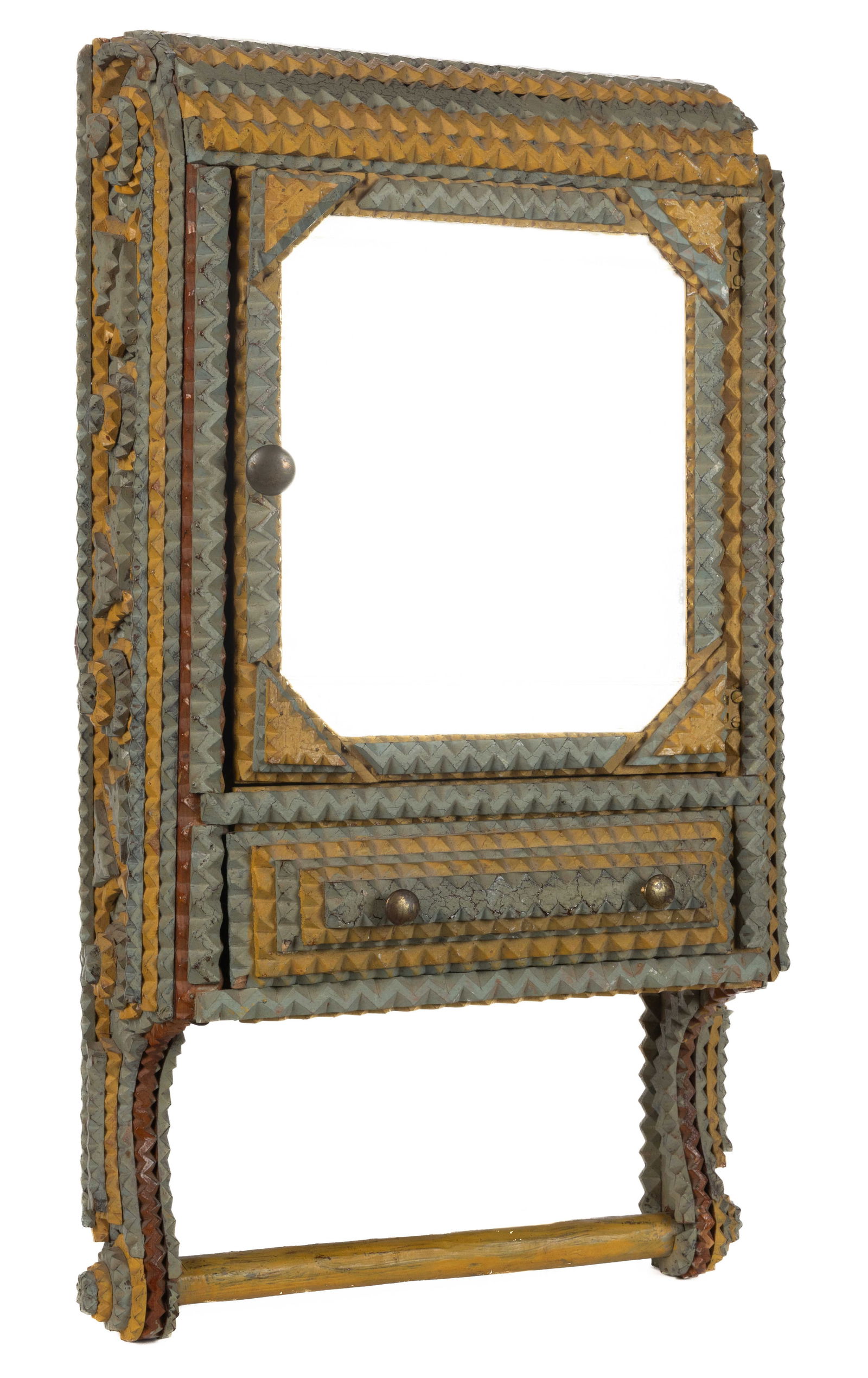 AMERICAN FOLK / TRAMP ART PAINT-DECORATED CARVED WOODEN HANGING MEDICINE CABINET (1 of 5)